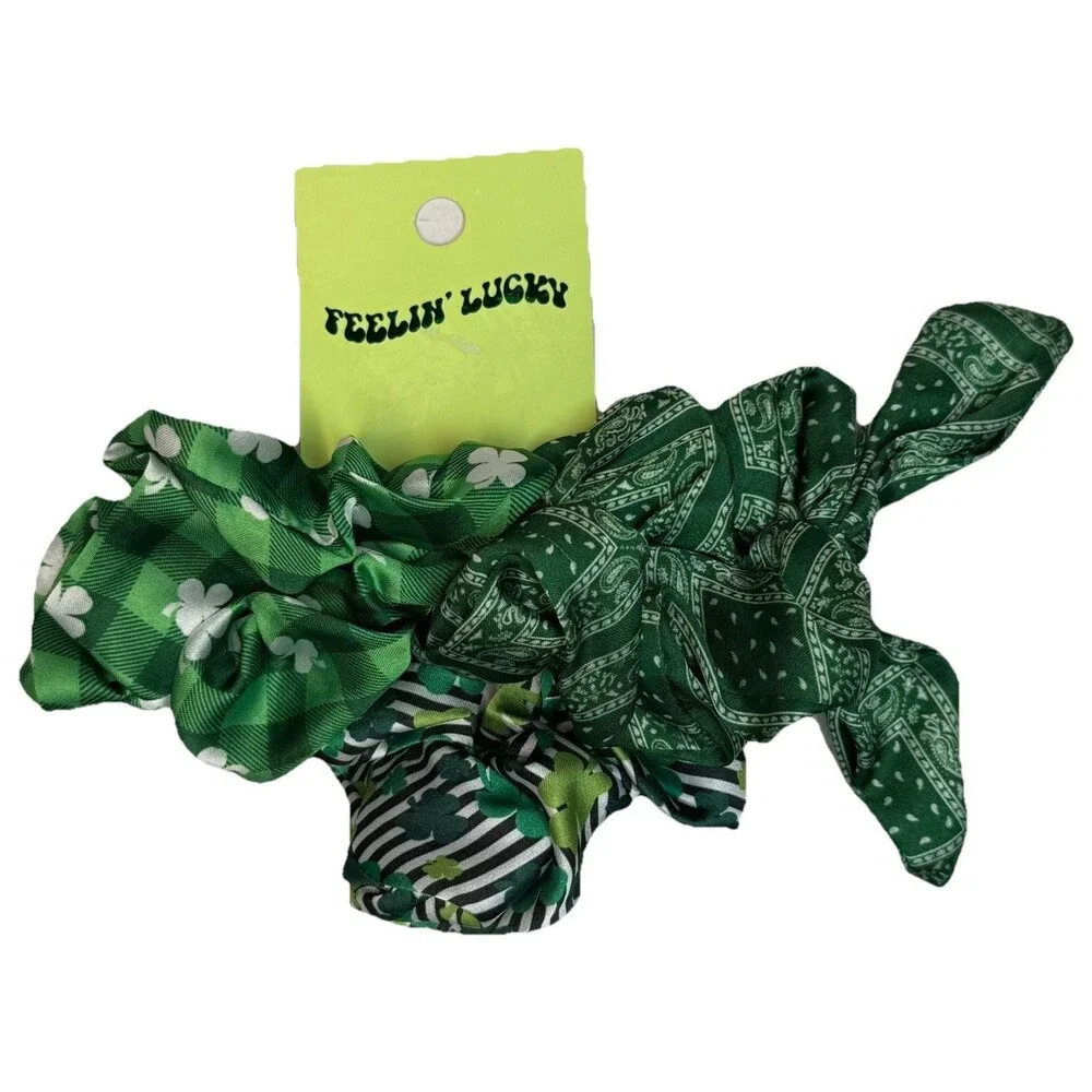 Bundle St Patrick’s Set Of 2 Leprechaun Hat Clips & 3 Pk Shamrock Scrunchies NEW
